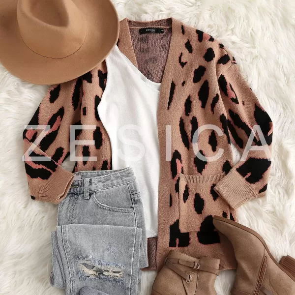 imageZESICA Womens 2023 Fall Winter Long Sleeves Open Front Leopard Print Knitted Sweater Cardigan Coat OutwearA Khaki