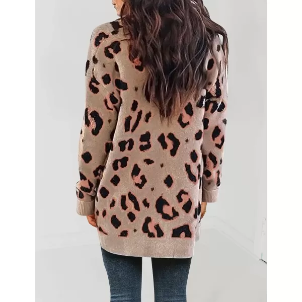 imageZESICA Womens 2023 Fall Winter Long Sleeves Open Front Leopard Print Knitted Sweater Cardigan Coat OutwearA Khaki