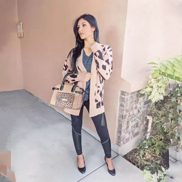 imageZESICA Womens 2023 Fall Winter Long Sleeves Open Front Leopard Print Knitted Sweater Cardigan Coat OutwearA Khaki