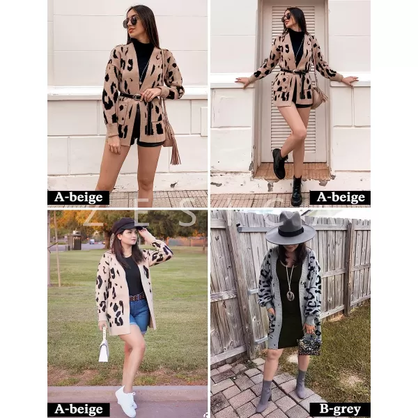 imageZESICA Womens 2023 Fall Winter Long Sleeves Open Front Leopard Print Knitted Sweater Cardigan Coat OutwearA White