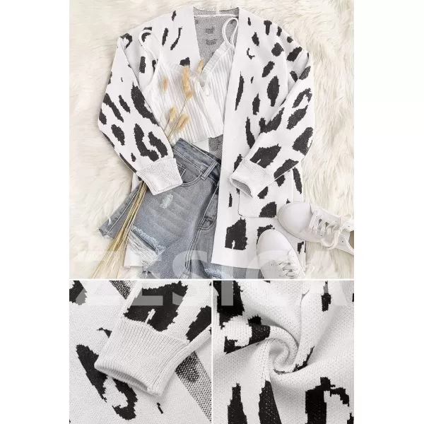 imageZESICA Womens 2023 Fall Winter Long Sleeves Open Front Leopard Print Knitted Sweater Cardigan Coat OutwearA White