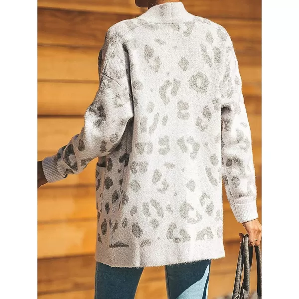 imageZESICA Womens 2023 Fall Winter Long Sleeves Open Front Leopard Print Knitted Sweater Cardigan Coat OutwearA White