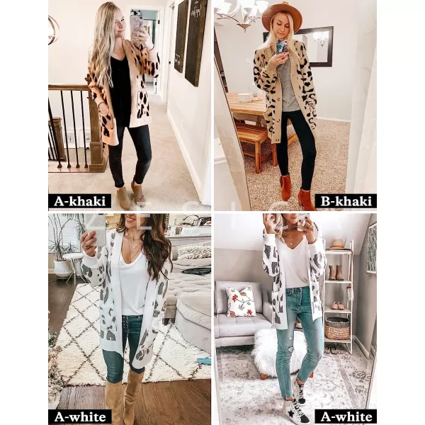 imageZESICA Womens 2023 Fall Winter Long Sleeves Open Front Leopard Print Knitted Sweater Cardigan Coat OutwearA White