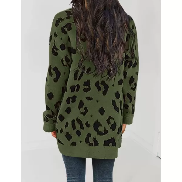 imageZESICA Womens 2023 Fall Winter Long Sleeves Open Front Leopard Print Knitted Sweater Cardigan Coat OutwearArmygreen