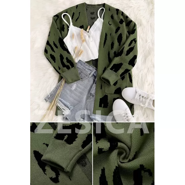 imageZESICA Womens 2023 Fall Winter Long Sleeves Open Front Leopard Print Knitted Sweater Cardigan Coat OutwearArmygreen