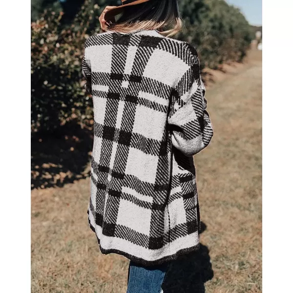 imageZESICA Womens 2023 Fall Winter Long Sleeves Open Front Leopard Print Knitted Sweater Cardigan Coat OutwearBlack Plaid