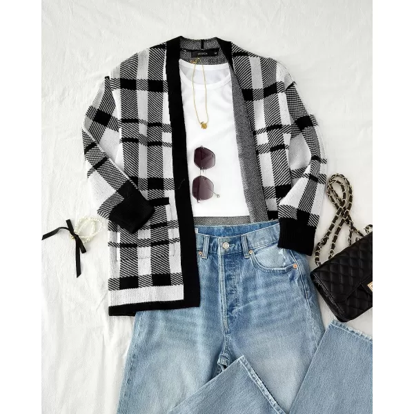 imageZESICA Womens 2023 Fall Winter Long Sleeves Open Front Leopard Print Knitted Sweater Cardigan Coat OutwearBlack Plaid