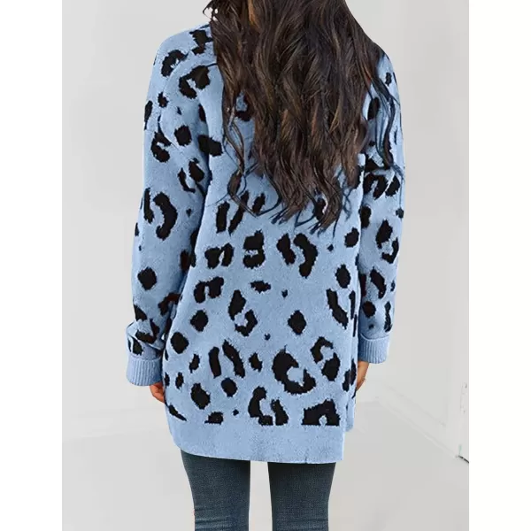 imageZESICA Womens 2023 Fall Winter Long Sleeves Open Front Leopard Print Knitted Sweater Cardigan Coat OutwearBlue