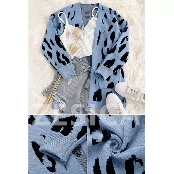imageZESICA Womens 2023 Fall Winter Long Sleeves Open Front Leopard Print Knitted Sweater Cardigan Coat OutwearBlue