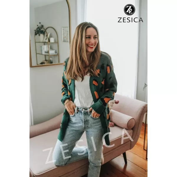 imageZESICA Womens 2023 Fall Winter Long Sleeves Open Front Leopard Print Knitted Sweater Cardigan Coat OutwearGreen