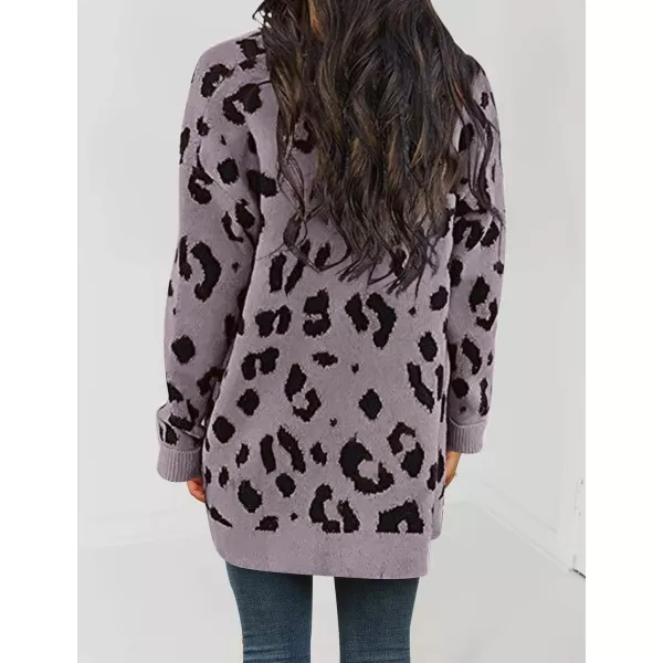 imageZESICA Womens 2023 Fall Winter Long Sleeves Open Front Leopard Print Knitted Sweater Cardigan Coat OutwearPurple