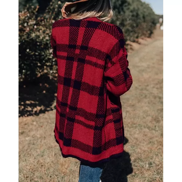 imageZESICA Womens 2023 Fall Winter Long Sleeves Open Front Leopard Print Knitted Sweater Cardigan Coat OutwearRed Plaid