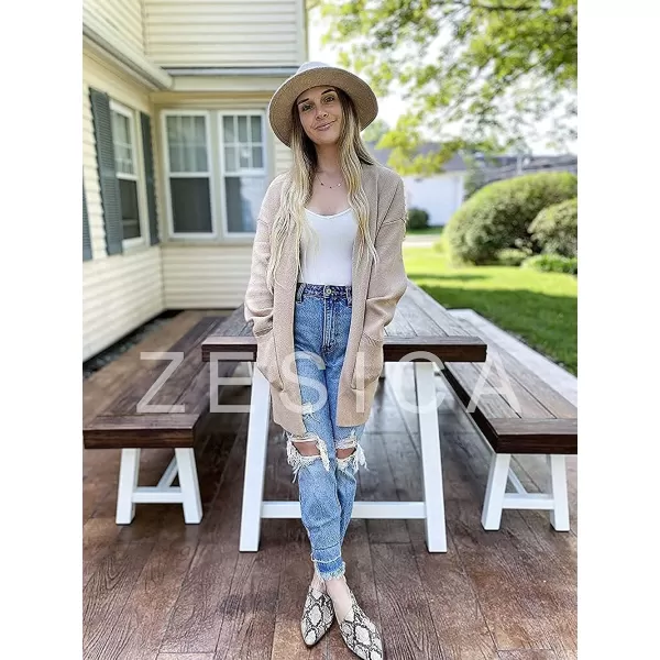 imageZESICA Womens 2023 Fall Winter Long Sleeves Open Front Leopard Print Knitted Sweater Cardigan Coat OutwearSolid Beige