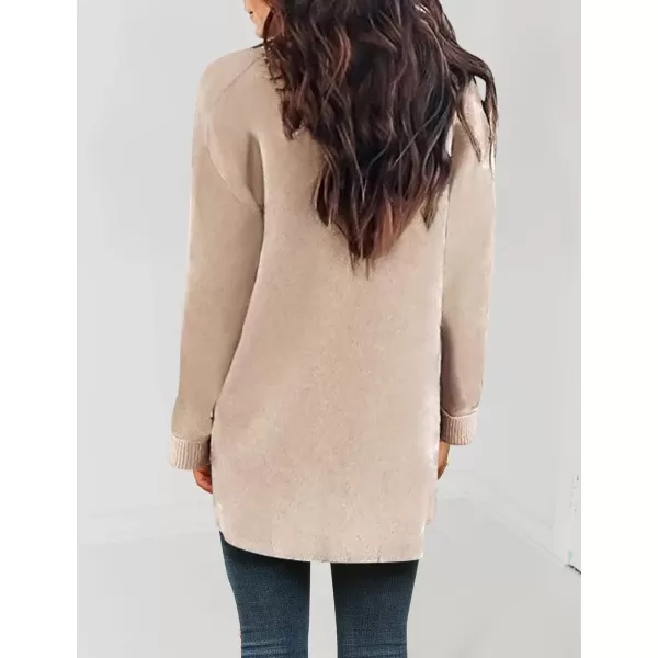 imageZESICA Womens 2023 Fall Winter Long Sleeves Open Front Leopard Print Knitted Sweater Cardigan Coat OutwearSolid Beige
