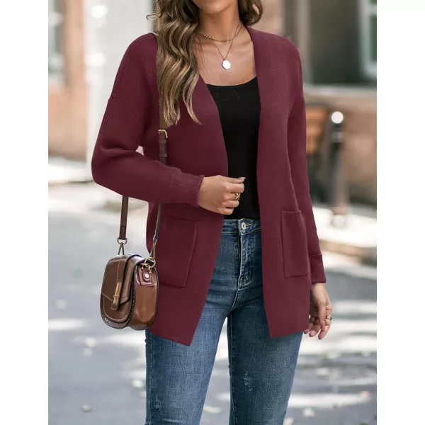 imageZESICA Womens 2023 Fall Winter Long Sleeves Open Front Leopard Print Knitted Sweater Cardigan Coat OutwearSolid Wine