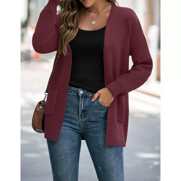 imageZESICA Womens 2023 Fall Winter Long Sleeves Open Front Leopard Print Knitted Sweater Cardigan Coat OutwearSolid Wine