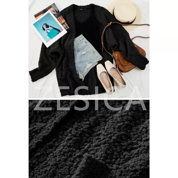 imageZESICA Womens 2023 Fall Winter Popcorn Long Sleeve Open Front Chunky Knit Oversized Cardigan Sweater CoatBlack