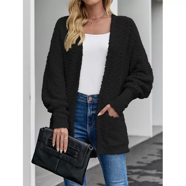 imageZESICA Womens 2023 Fall Winter Popcorn Long Sleeve Open Front Chunky Knit Oversized Cardigan Sweater CoatBlack