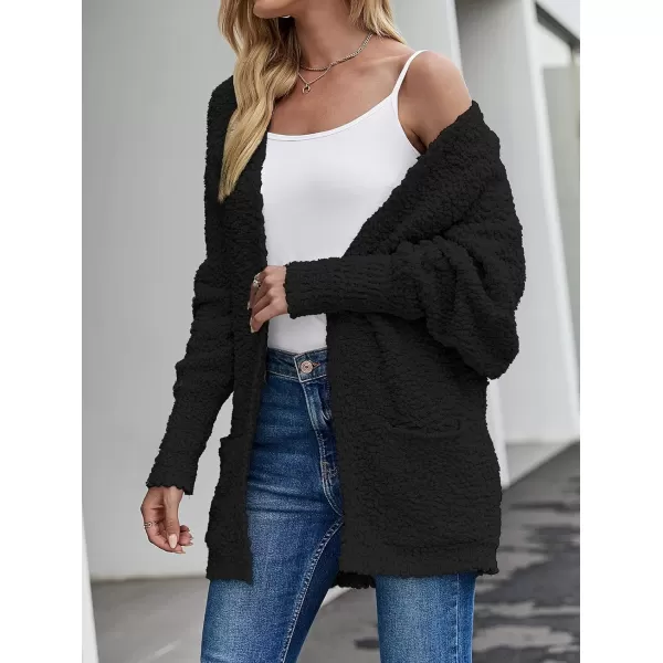 imageZESICA Womens 2023 Fall Winter Popcorn Long Sleeve Open Front Chunky Knit Oversized Cardigan Sweater CoatBlack