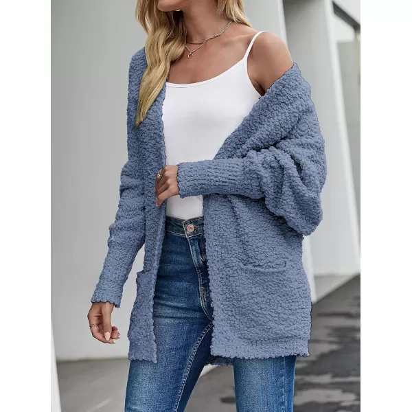 imageZESICA Womens 2023 Fall Winter Popcorn Long Sleeve Open Front Chunky Knit Oversized Cardigan Sweater CoatDustyblue