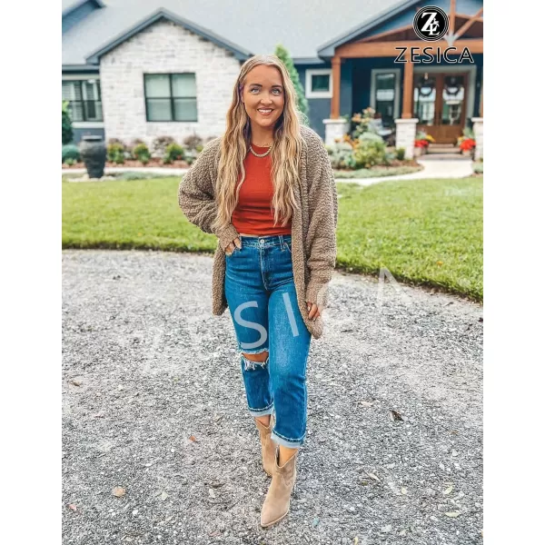 imageZESICA Womens 2023 Fall Winter Popcorn Long Sleeve Open Front Chunky Knit Oversized Cardigan Sweater CoatMocha