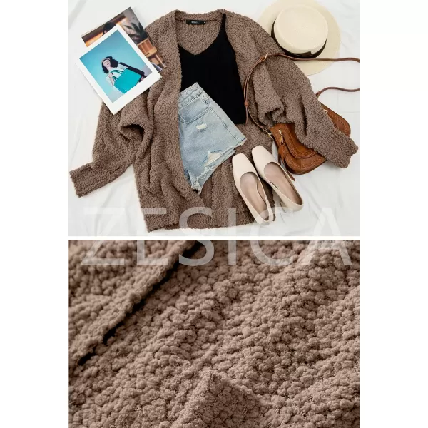 imageZESICA Womens 2023 Fall Winter Popcorn Long Sleeve Open Front Chunky Knit Oversized Cardigan Sweater CoatMocha