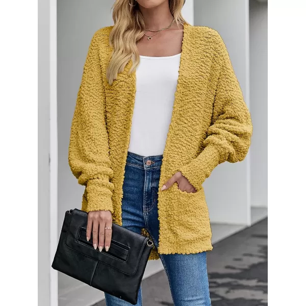 imageZESICA Womens 2023 Fall Winter Popcorn Long Sleeve Open Front Chunky Knit Oversized Cardigan Sweater CoatMustard