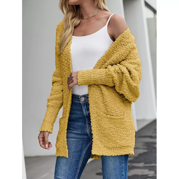 imageZESICA Womens 2023 Fall Winter Popcorn Long Sleeve Open Front Chunky Knit Oversized Cardigan Sweater CoatMustard