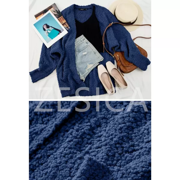 imageZESICA Womens 2023 Fall Winter Popcorn Long Sleeve Open Front Chunky Knit Oversized Cardigan Sweater CoatNavy