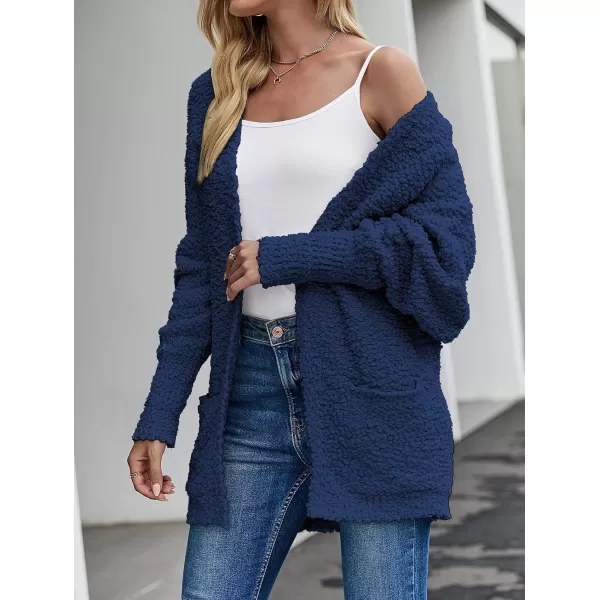 imageZESICA Womens 2023 Fall Winter Popcorn Long Sleeve Open Front Chunky Knit Oversized Cardigan Sweater CoatNavy