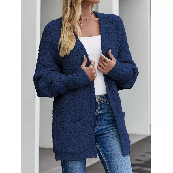 imageZESICA Womens 2023 Fall Winter Popcorn Long Sleeve Open Front Chunky Knit Oversized Cardigan Sweater CoatNavy