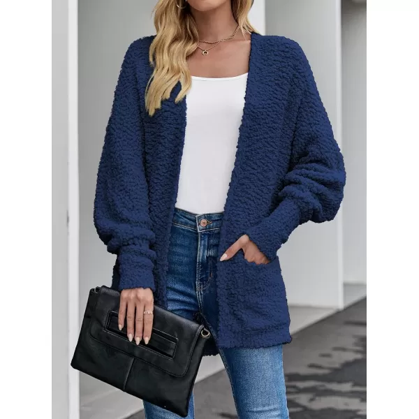 imageZESICA Womens 2023 Fall Winter Popcorn Long Sleeve Open Front Chunky Knit Oversized Cardigan Sweater CoatNavy