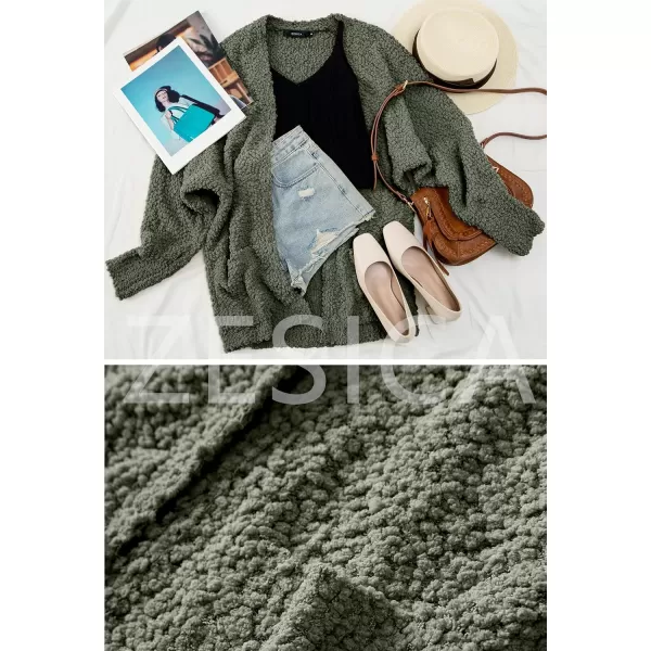 imageZESICA Womens 2023 Fall Winter Popcorn Long Sleeve Open Front Chunky Knit Oversized Cardigan Sweater CoatOlive
