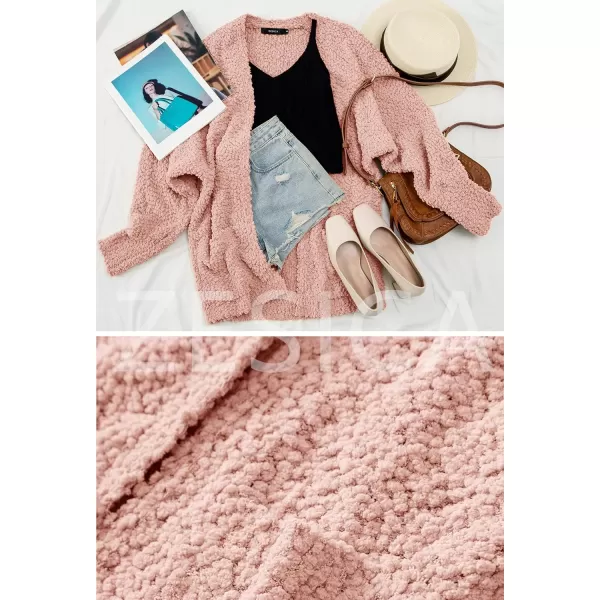 imageZESICA Womens 2023 Fall Winter Popcorn Long Sleeve Open Front Chunky Knit Oversized Cardigan Sweater CoatPink