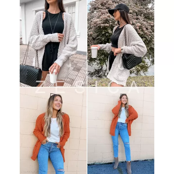 imageZESICA Womens 2023 Fall Winter Popcorn Long Sleeve Open Front Chunky Knit Oversized Cardigan Sweater CoatPink