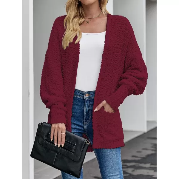 imageZESICA Womens 2023 Fall Winter Popcorn Long Sleeve Open Front Chunky Knit Oversized Cardigan Sweater CoatWine