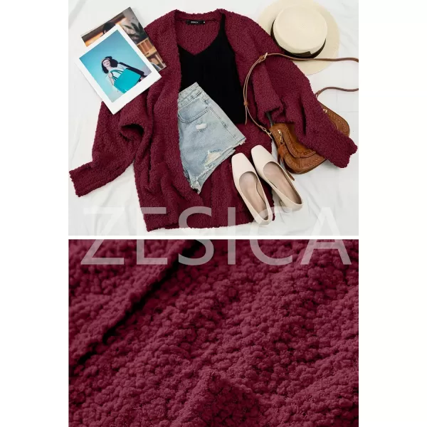 imageZESICA Womens 2023 Fall Winter Popcorn Long Sleeve Open Front Chunky Knit Oversized Cardigan Sweater CoatWine