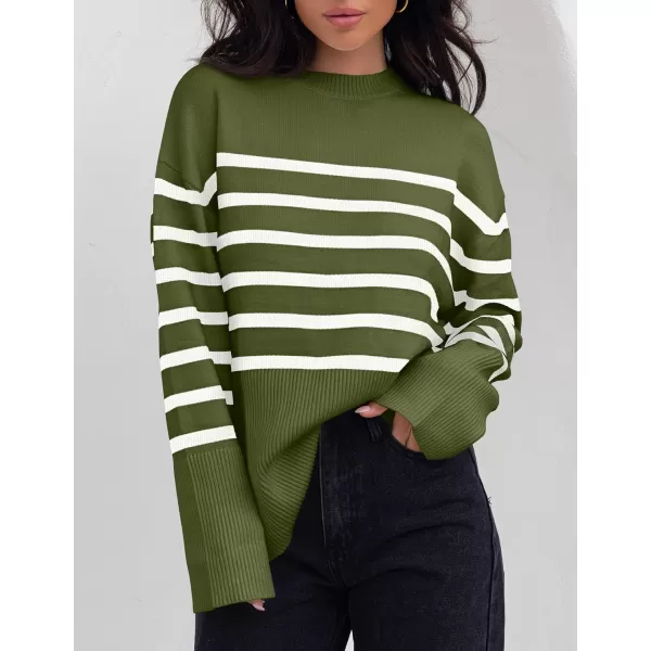 imageZESICA Womens 2023 Fall Winter Striped Long Sleeve Crew Neck Ribbed Knit Side Slit Oversized Pullover Sweater Jumper TopArmygreen