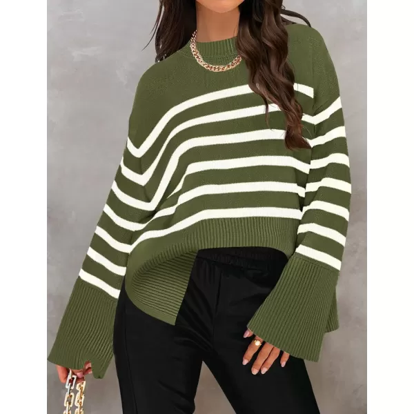 imageZESICA Womens 2023 Fall Winter Striped Long Sleeve Crew Neck Ribbed Knit Side Slit Oversized Pullover Sweater Jumper TopArmygreen