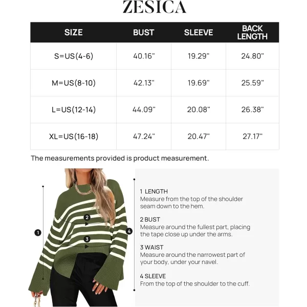 imageZESICA Womens 2023 Fall Winter Striped Long Sleeve Crew Neck Ribbed Knit Side Slit Oversized Pullover Sweater Jumper TopArmygreen