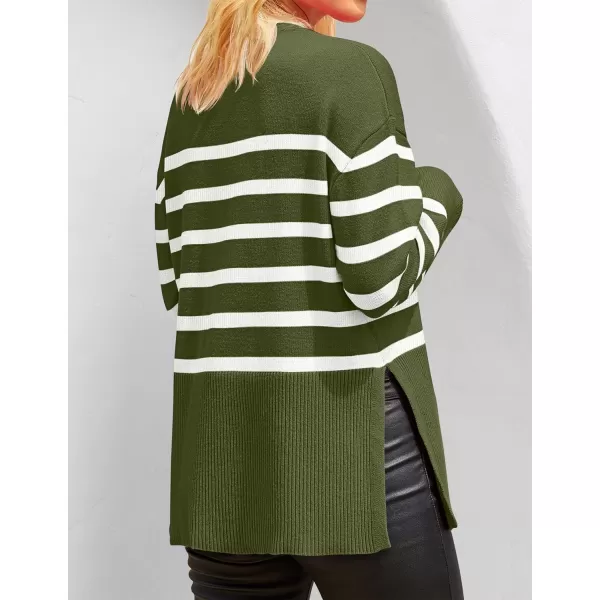 imageZESICA Womens 2023 Fall Winter Striped Long Sleeve Crew Neck Ribbed Knit Side Slit Oversized Pullover Sweater Jumper TopArmygreen