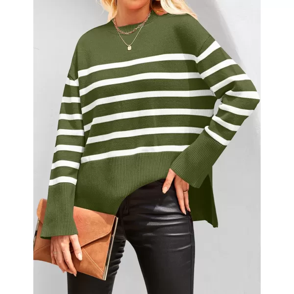 imageZESICA Womens 2023 Fall Winter Striped Long Sleeve Crew Neck Ribbed Knit Side Slit Oversized Pullover Sweater Jumper TopArmygreen