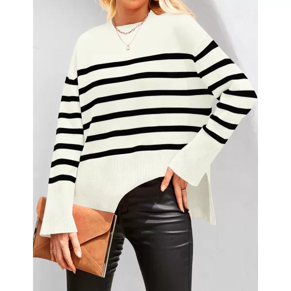 imageZESICA Womens 2023 Fall Winter Striped Long Sleeve Crew Neck Ribbed Knit Side Slit Oversized Pullover Sweater Jumper TopBeige