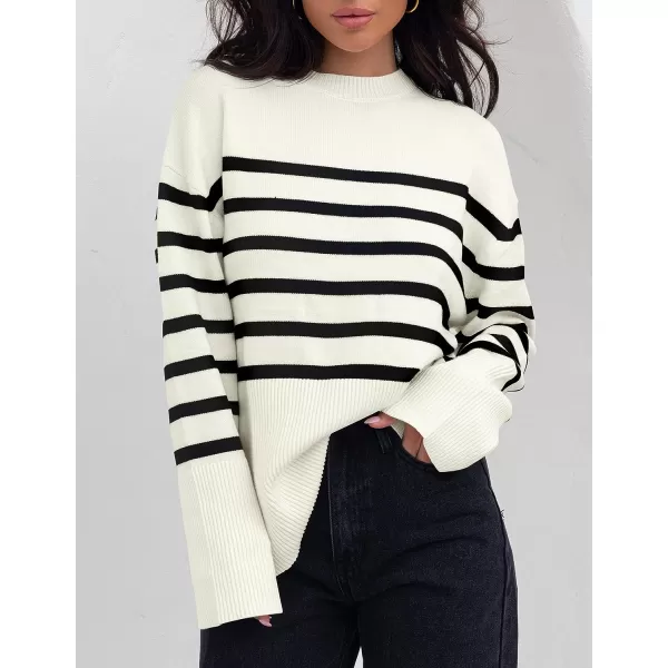 imageZESICA Womens 2023 Fall Winter Striped Long Sleeve Crew Neck Ribbed Knit Side Slit Oversized Pullover Sweater Jumper TopBeige