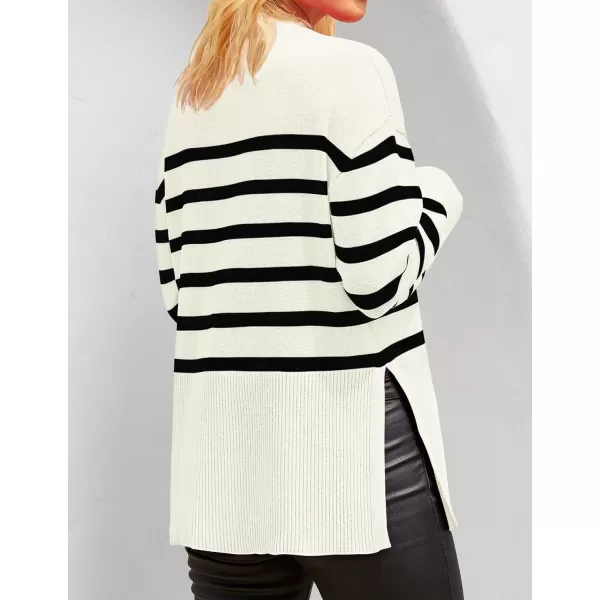 imageZESICA Womens 2023 Fall Winter Striped Long Sleeve Crew Neck Ribbed Knit Side Slit Oversized Pullover Sweater Jumper TopBeige