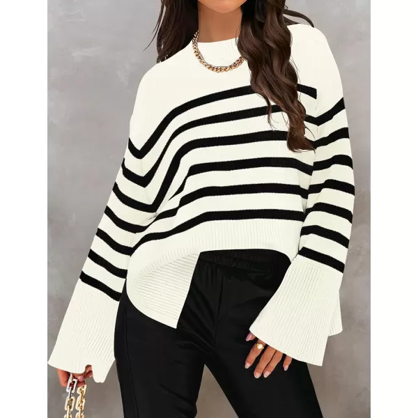 imageZESICA Womens 2023 Fall Winter Striped Long Sleeve Crew Neck Ribbed Knit Side Slit Oversized Pullover Sweater Jumper TopBeige