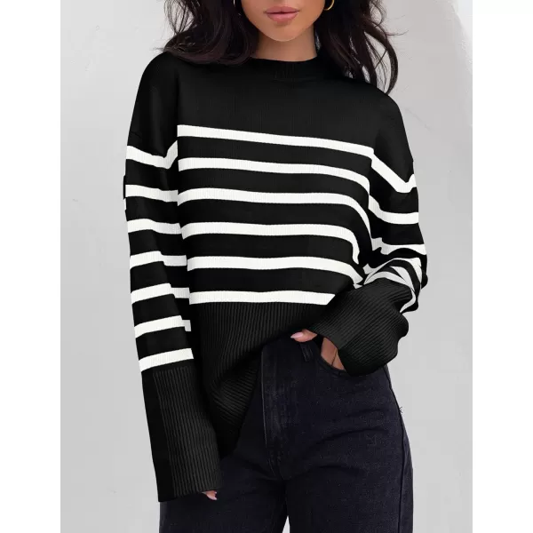 imageZESICA Womens 2023 Fall Winter Striped Long Sleeve Crew Neck Ribbed Knit Side Slit Oversized Pullover Sweater Jumper TopBlack
