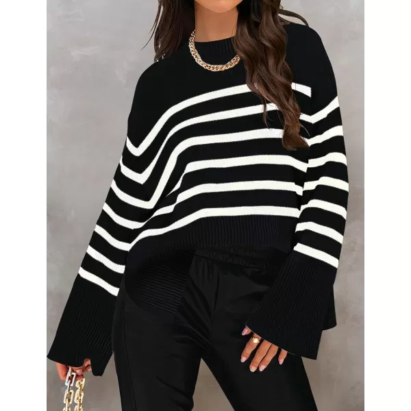 imageZESICA Womens 2023 Fall Winter Striped Long Sleeve Crew Neck Ribbed Knit Side Slit Oversized Pullover Sweater Jumper TopBlack