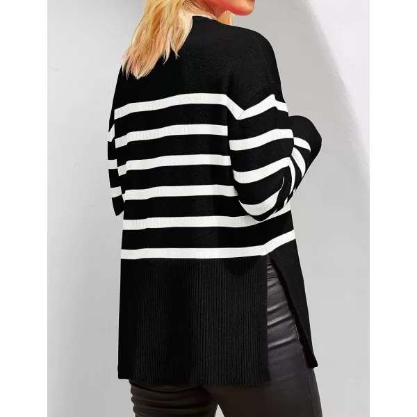 imageZESICA Womens 2023 Fall Winter Striped Long Sleeve Crew Neck Ribbed Knit Side Slit Oversized Pullover Sweater Jumper TopBlack