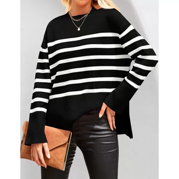 imageZESICA Womens 2023 Fall Winter Striped Long Sleeve Crew Neck Ribbed Knit Side Slit Oversized Pullover Sweater Jumper TopBlack
